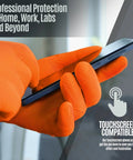 Nitrile disposable gloves, orange with diamond texture; large size, touchscreen-compatible
