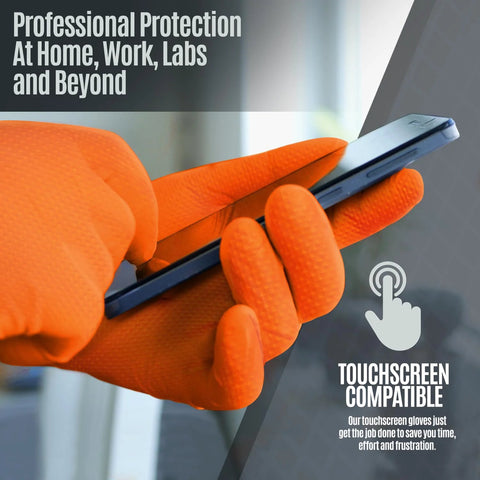 Nitrile disposable gloves, orange with diamond texture; large size, touchscreen-compatible