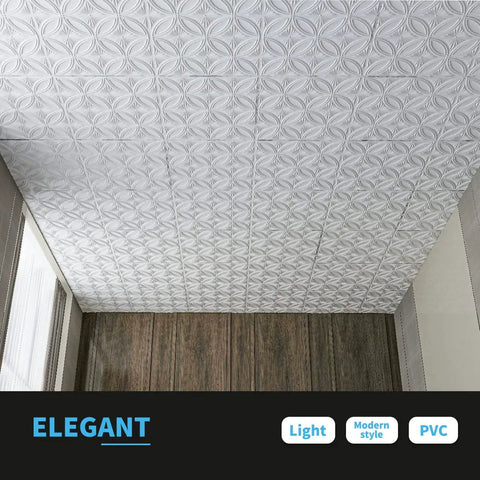 Decorative PVC Drop Ceiling Tile White 2x2 Ft Glue Up Ceiling Panel 24x24 Inches Pack of 12 installed in modern room