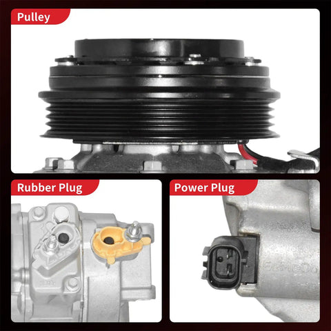 Straight Swap AC Compressor With Clutch For Ford Edge And Fusion Plus Lincoln MKZ showing pulley, rubber plug, and power plug.
