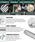 Heavy Duty Rust Resistant 304 Stainless Steel Flanged Hex Bolts With Integrated Flange 5/16 18 Thread 3/4 Length Grip Tight Fastener Pack Of 20 showing serrated head and deep threads.