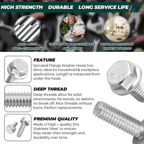 Heavy Duty Rust Resistant 304 Stainless Steel Flanged Hex Bolts With Integrated Flange 5/16 18 Thread 3/4 Length Grip Tight Fastener Pack Of 20 showing serrated head and deep threads.