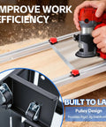 Hands operating 48 Inch Adjustable Router Sled For Slab Flattening With Reinforced Rails, showing detail of pulley design.