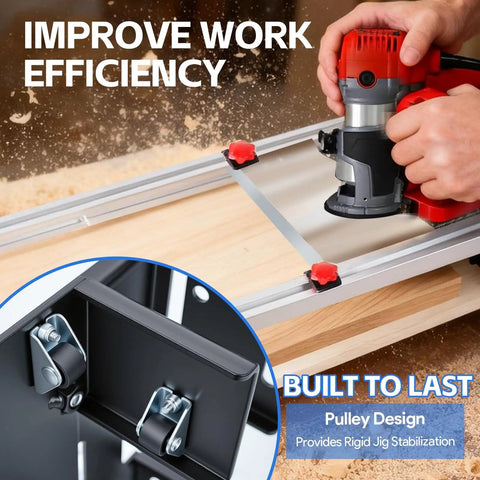 Hands operating 48 Inch Adjustable Router Sled For Slab Flattening With Reinforced Rails, showing detail of pulley design.