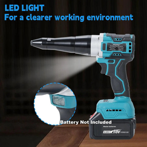 Get The Heimerdinger Brushless Cordless Rivet Gun For Makita 18V Batteries With 12000N Auto Reverse Power features an LED light for visibility.