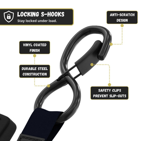 Auto Self Retracting Ratchet Straps 1 Inch By 15 Feet 4 Pack showing locking S-hooks with vinyl coating and durable construction.