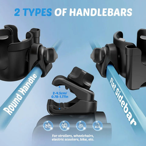 Two Pack Cup Holder Attachment for Strollers Walkers Wheelchairs and Bikes and Scooters with Built In Phone Holder showing adjustable clamp