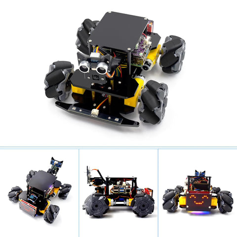Adeept 4WD Mecanum Wheel Smart Car Kit for Raspberry Pi with four wheels, black chassis, OLED display and LED dot matrix display