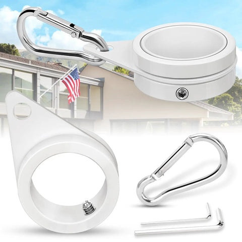 Top Shelf White Aluminum Flag Pole Rings With Grip Tight Clamps Two Pack No Sweat Antitwist Swivels For Slick 360 Degree Rotation And Hassle Free Patriotic Display, includes clamps and carabiners.