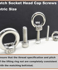 Stainless Steel M5 Lifting Eye Nuts With Three Sixteenth Inch Threads, various sizes displayed for mounting anchor points.