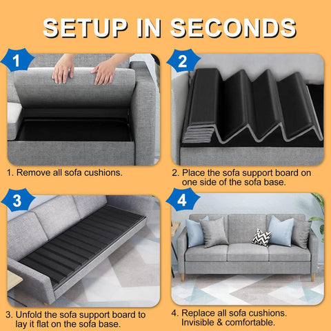 Setup steps for Heavy Duty Couch Bottom Support Board For Sagging Sofas, solid wood core with 400 pound capacity.
