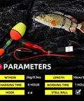 Go To Auto Swimming Lure 3.9 Inch USB Rechargeable LED Swimbait with four segments and realistic shad pattern on black background.