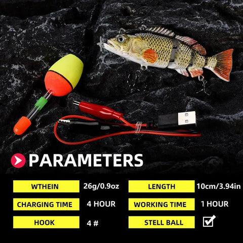 Go To Auto Swimming Lure 3.9 Inch USB Rechargeable LED Swimbait with four segments and realistic shad pattern on black background.