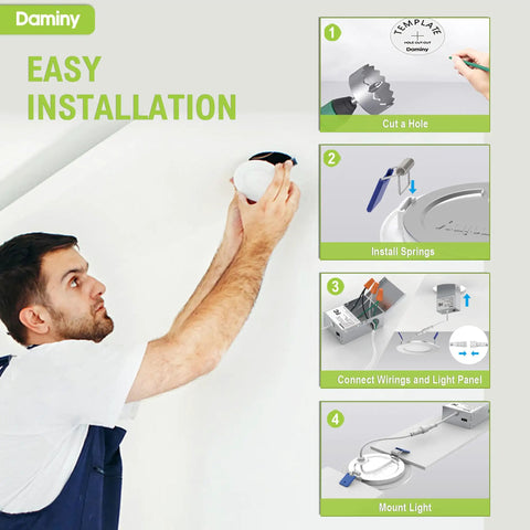 Installation process of Top Shelf 24 Pack Of 6 Inch Led Recessed Canless Wafer Downlights in Crisp White, mounting steps shown.
