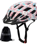 Adjustable Bike Helmet For Men And Women Lightweight Road And Mountain Cycling Safety Gear With Pink Flower Accent shown with storage bag