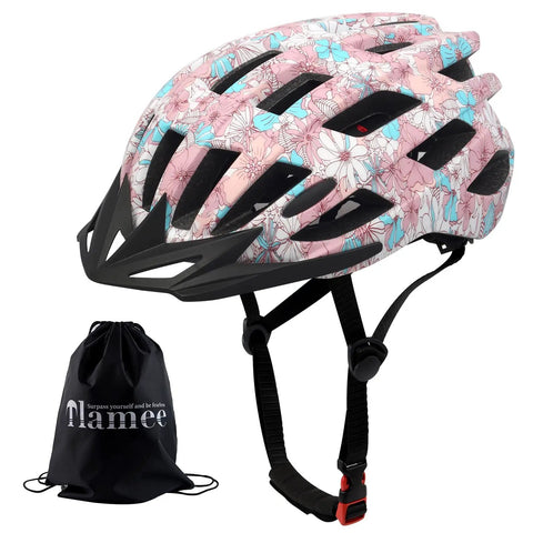 Adjustable Bike Helmet For Men And Women Lightweight Road And Mountain Cycling Safety Gear With Pink Flower Accent shown with storage bag