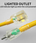 Outdoor 50 Feet Heavy Duty 10 Gauge Extension Cord with lighted end, waterproof 15 Amp 1875W SJTW, ETL listed, close-up view