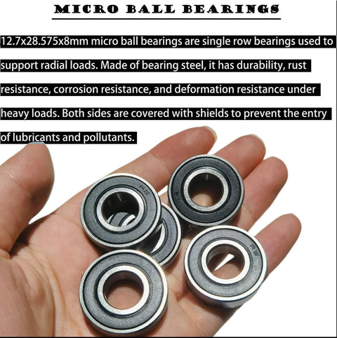 Five 1/2 in bore rubber-sealed ball bearings with silver outer rings held in a hand