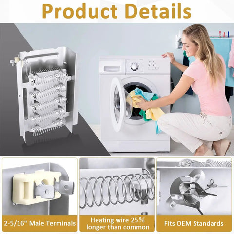 Heavy Duty Dryer Heating Element Replacement 279838 Fits Whirlpool Kenmore model shown beside woman with open dryer door