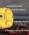 15 Inch Umbrella Table Tray With 4 Drink Holders, 4 Snack Compartments, 4 Sunglasses Holes And 4 Phone Slots in beach setting.
