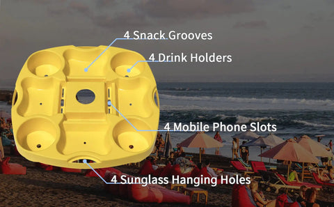 15 Inch Umbrella Table Tray With 4 Drink Holders, 4 Snack Compartments, 4 Sunglasses Holes And 4 Phone Slots in beach setting.