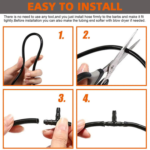 MINIMARU nylon automotive hose connector kit: black tubing and T-fitting in a four-step installation diagram