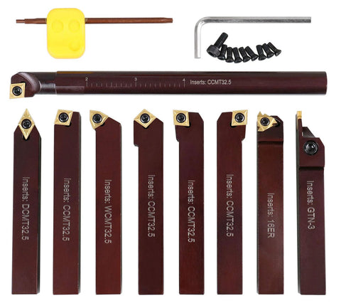 Front view: Accusize 9-piece indexable turning and boring tool set with 5/8 in shank and TiN-coated C6 inserts for steel