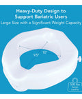 Raised Toilet Seat With Extra Wide Opening Adds 4.25 Inches Of Height For Seniors And Handicap No Tools Required Easy Install Riser White Safe Lock System Supports Up To 300 Pounds displayed with dimensions and weight capacity details.