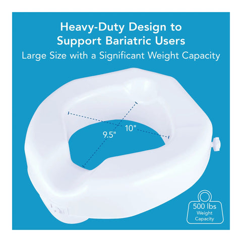 Raised Toilet Seat With Extra Wide Opening Adds 4.25 Inches Of Height For Seniors And Handicap No Tools Required Easy Install Riser White Safe Lock System Supports Up To 300 Pounds displayed with dimensions and weight capacity details.