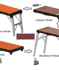 Four In One Portable Folding Workbench And Scaffold Platform With Creeper Carrier And Hand Truck Plus Jigsaw Blade Set for DIY Pros, showing transformation modes