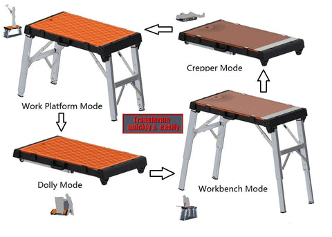 Four In One Portable Folding Workbench And Scaffold Platform With Creeper Carrier And Hand Truck Plus Jigsaw Blade Set for DIY Pros, showing transformation modes