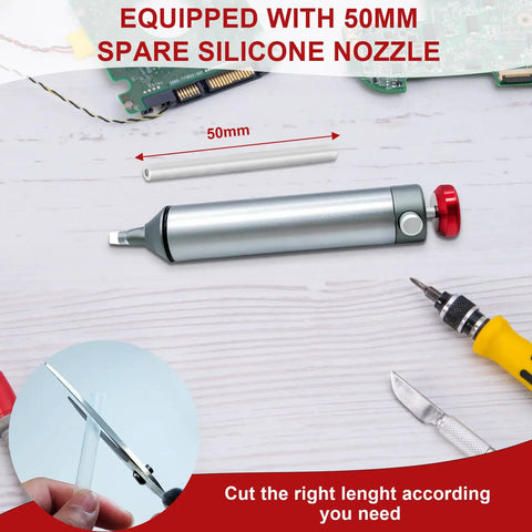 Heavy Duty Desoldering Pump With Strong Suction For PCB Repairs showing 50mm silicone nozzle and spare tube