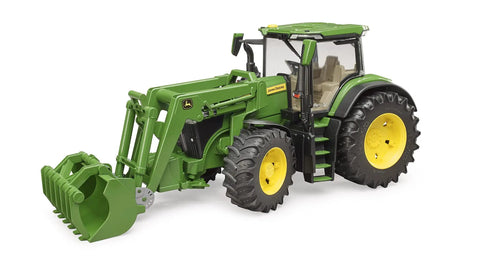 John Deere 7R 350 Front Loader Tractor Toy Model with openable hood and working loader, shown with realistic engine detailing