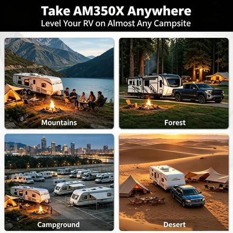Collage of RVs using the Wireless RV Leveling System With Real Time App in mountains, forest, campground, and desert.