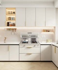 Modern kitchen with matte gold cabinet handles, showcasing Matte Gold Cabinet Handles 7-1/2 Inch, 20 Pack Brushed Brass Drawer Pulls.