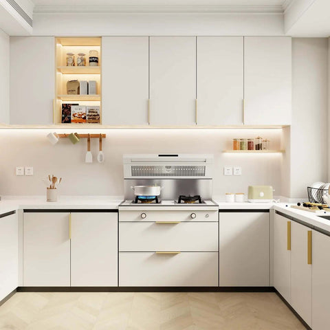 Modern kitchen with matte gold cabinet handles, showcasing Matte Gold Cabinet Handles 7-1/2 Inch, 20 Pack Brushed Brass Drawer Pulls.