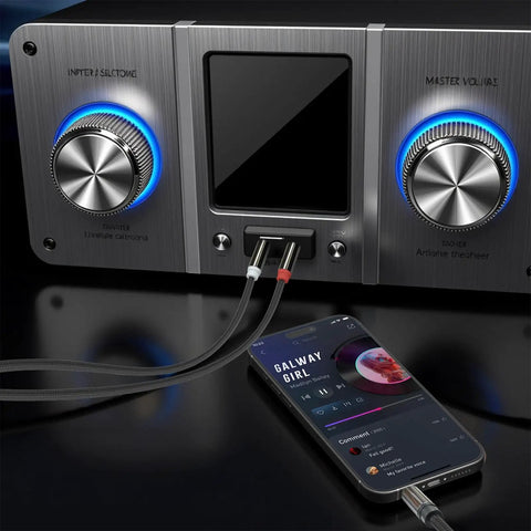 Three Point Five Millimeter To Dual One Quarter Inch TS Stereo Audio Cable With Gold Plated Braided Adapter Cable connected to device.