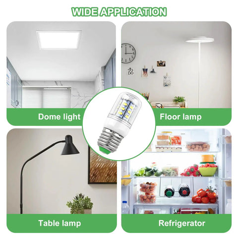 Bright E27 Refrigerator LED Light Bulb Replacement 5304511738 for Frigidaire Electrolux shown with various lighting uses.