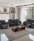 Corduroy Manual Recliner Chair For Living Room And Small Spaces With Foot Rest Kick Back Cozy For Home Theater And Office Lounging 110 To 160 Degree Adjustable Back Dark Grey set in living room with sofa, loveseat, and recliner