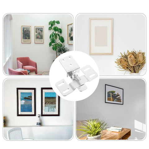 Heavy-Duty Adjustable Picture Hangers Set With Silver Frame Hooks For Wall And Drywall Frames, 6-Pcs Multi-Hook Hardware Kit For Securely Hanging Large Photos And Gallery Wall Art; silver metal hanger shown with framed art on wall