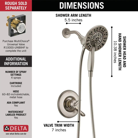 Linden 17 Series Dual Function Shower Trim Kit With 4-Spray In2ition 2-In-1 Handheld Shower Head And Hose Stainless Steel T17294-SS-I