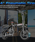 Electric Folding Bike For Adults And Teens, 800W 1200W Peak Motor, side view, 14 inch tires, black frame, city background.
