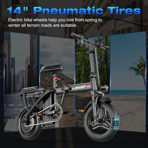 Electric Folding Bike For Adults And Teens, 800W 1200W Peak Motor, side view, 14 inch tires, black frame, city background.