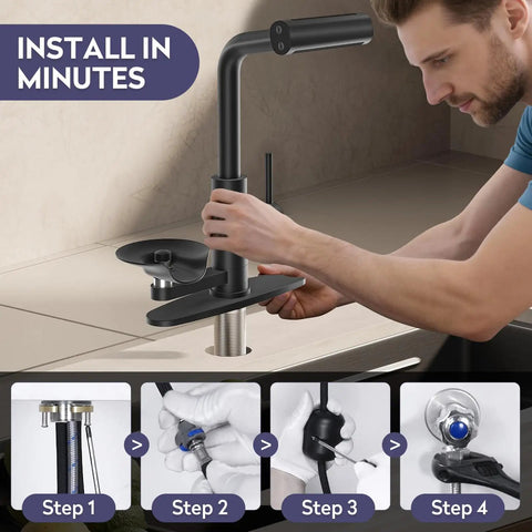 Kick Things Up A Notch With This Solid Matte Black Single Hole Faucet Offering A Smooth Pull Down Sprayer And Handy Cup Washer For Hassle Free Kitchen Tasks installation steps on a kitchen sink.
