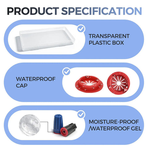 40 Piece Waterproof Wire Connectors Set For 12 To 22 AWG IP65, showing transparent box, caps, and waterproof gel.