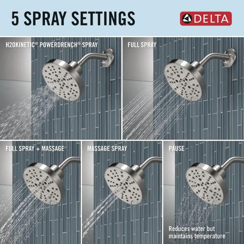 Nicoli 14 Series H2Okinetic Shower Faucet Set With Brushed Nickel Finish showing 5 spray settings on shower head