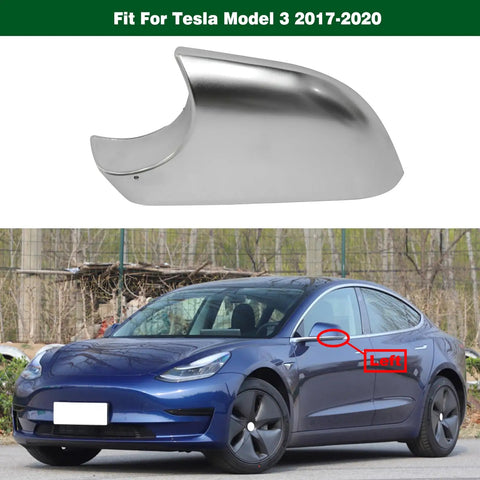 Driver Side Tesla Model 3 Lower Mirror Cover Chrome Base Bezel Trim for 2017-2022 vehicles, shiny chrome finish, left side view.