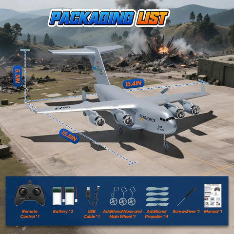 Ready to Fly RC C-17 Globemaster III Plane With 6 Axis Gyro Stabilizer product dimensions and included items list.