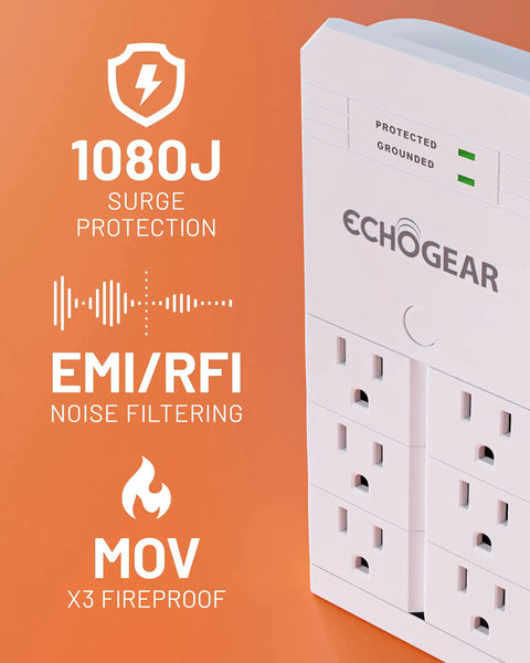 On Wall Surge Protector With Six Pivoting AC Outlets And 1080 Joules Of Surge Protection Space Saving Low Profile Mount That Slips Over Your Existing Outlets For All Your Gear White 2 Pack showing features with orange background