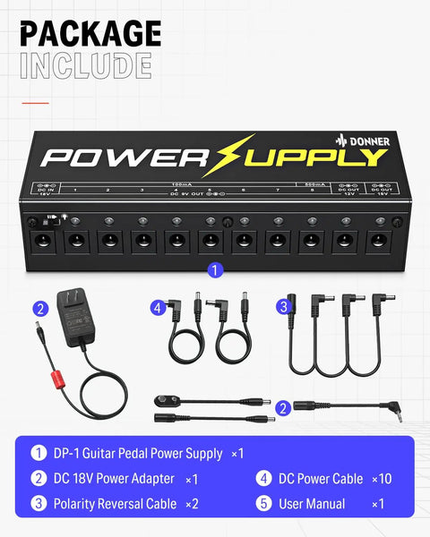 DP-1 Guitar Pedal Power Supply With 10 Isolated Outputs for 9V 12V and 18V Effects Noise Reduction Circuit Lightweight Aluminum Housing Perfect Pedalboard Hub for Studio and Live Gigs, package include view